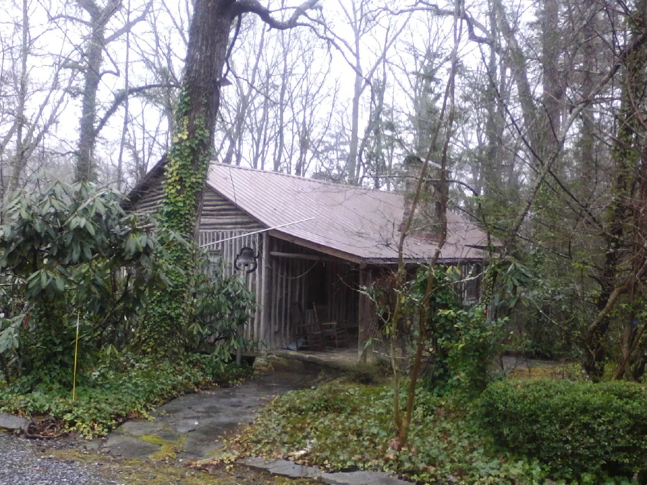 Weathered metal roof on an old board sided cabin in the woods in Pen Argyl